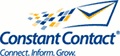 Blue constant contact logo with the words of the company name and an envelope flying through the air