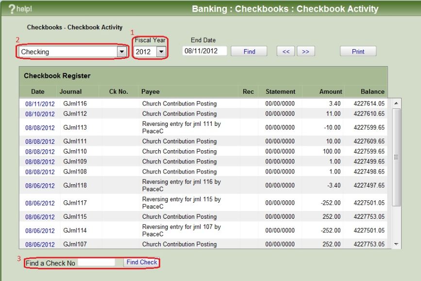 change to checkbook activity in iconcmo church management software