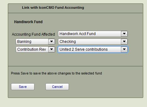 Accounting Link in IconCMO that shows multiple drop down list so the user can map money that is posted to donors directly to the general ledger accounts in the church's accounting books.
