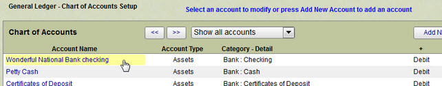 chart of account showing checkbook Image showing the chart of accounts to prepare the accounting side for linking the contribution to accounting link