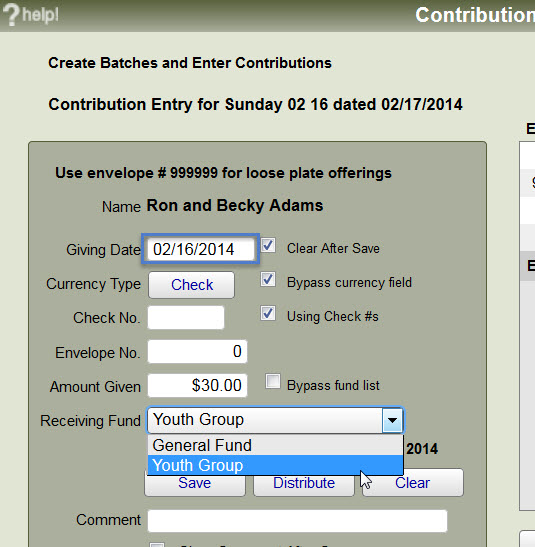 Contribution Batch Entry window to enter donations in