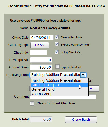 Enter Regular Contributions for Building Campaign via the easy interface shown here using fields for date, fund, donor, and comments. 