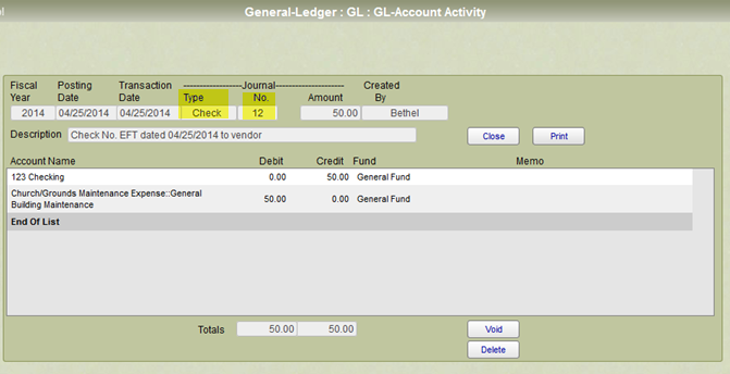General ledger entry for a payment.