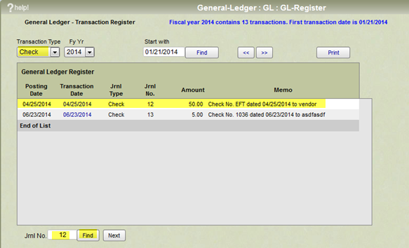 Finding a journal entry in the GL register.