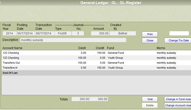 Showing the general ledger entries for a fund transfer.