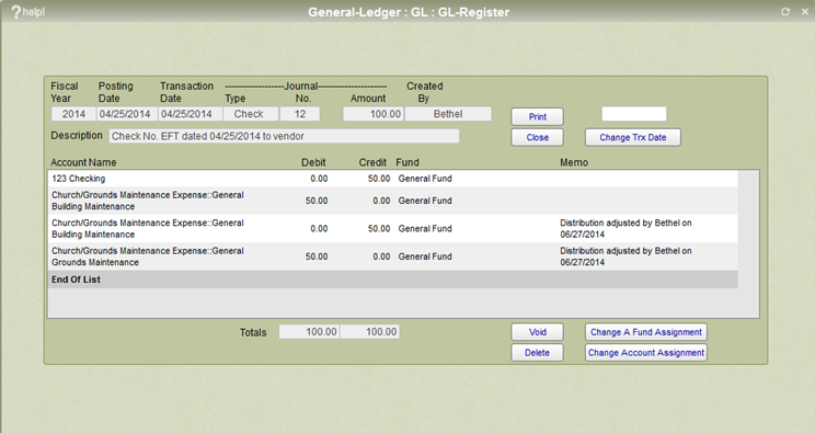 IconCMO GL register window showing both the original and correcting entries for an account reallocation.
