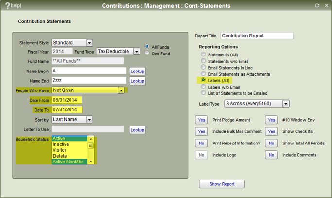 The Contribution Statements setup screen.
