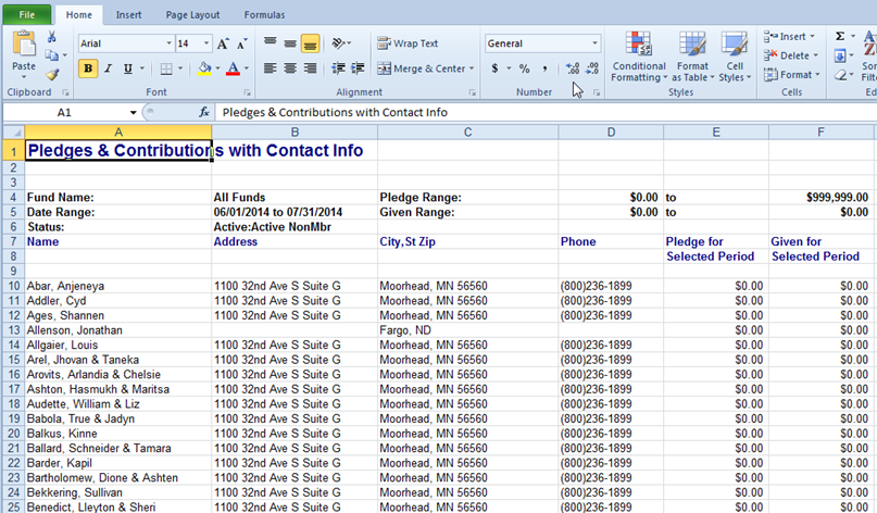 Output from the Pledges and Contributions with Contact Info report shown in Excel format.