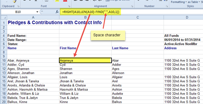 Excel spreadsheet showing Excel formula for extracting the first name from column A.