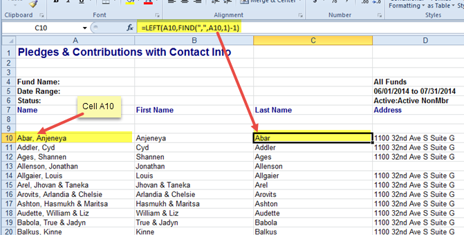Excel spreadsheet showing Excel formula for extracting the last name from column A.