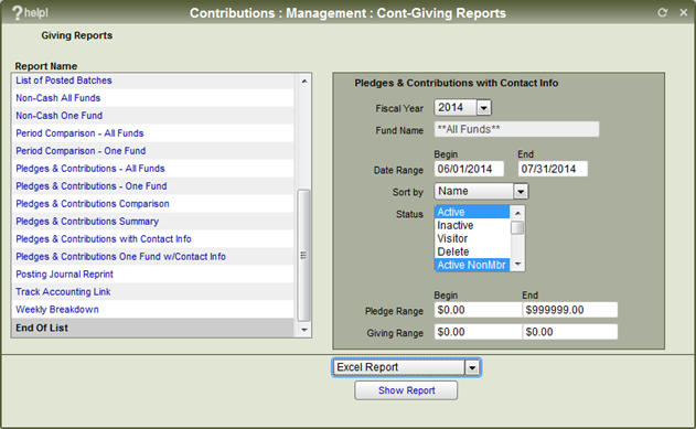 The setup parameters for the Pledges and Contributions with Contact Info report.