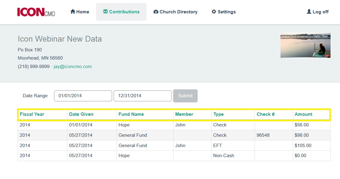 image of church member contributions for the IconCMO church management software