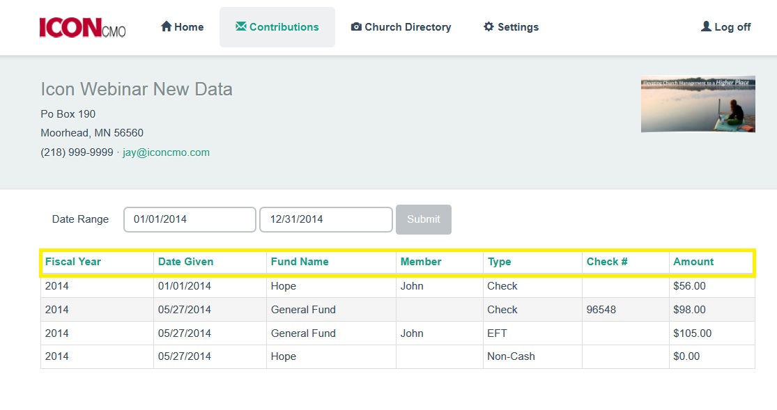 church families can review thier contributions by date range and various sort options like fiscal year, date given, fnd, member who gave, type of donation like check or cash, and amount image of church member contributions for the IconCMO church management software