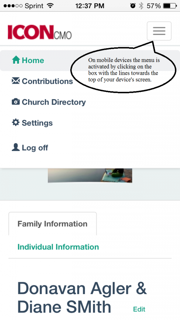 Mobile devices screen shot of the new member self service module screen shot for the navigation of the member's self service module otherwise known as the parishioner's module.