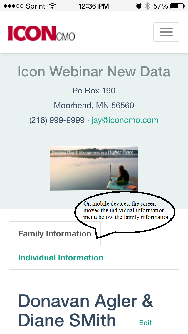 mobile device screen shot for the IconCMO church membership self service module.