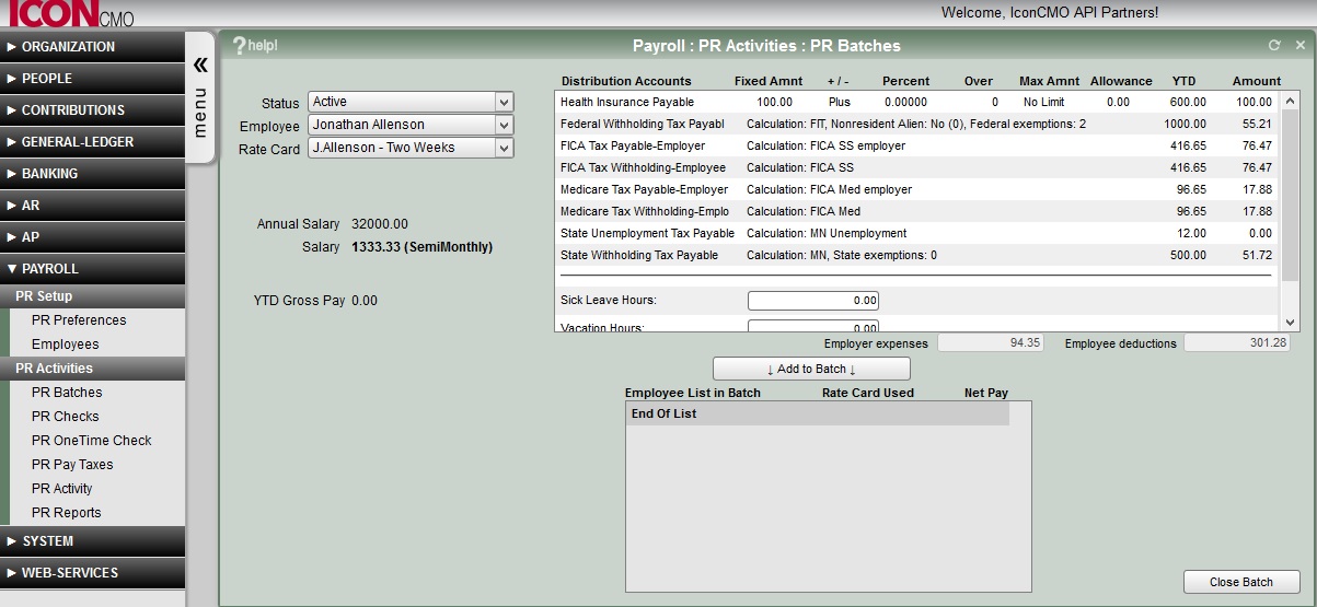 Screenshot of the payroll batch screen for both direct deposit and paper check processing.