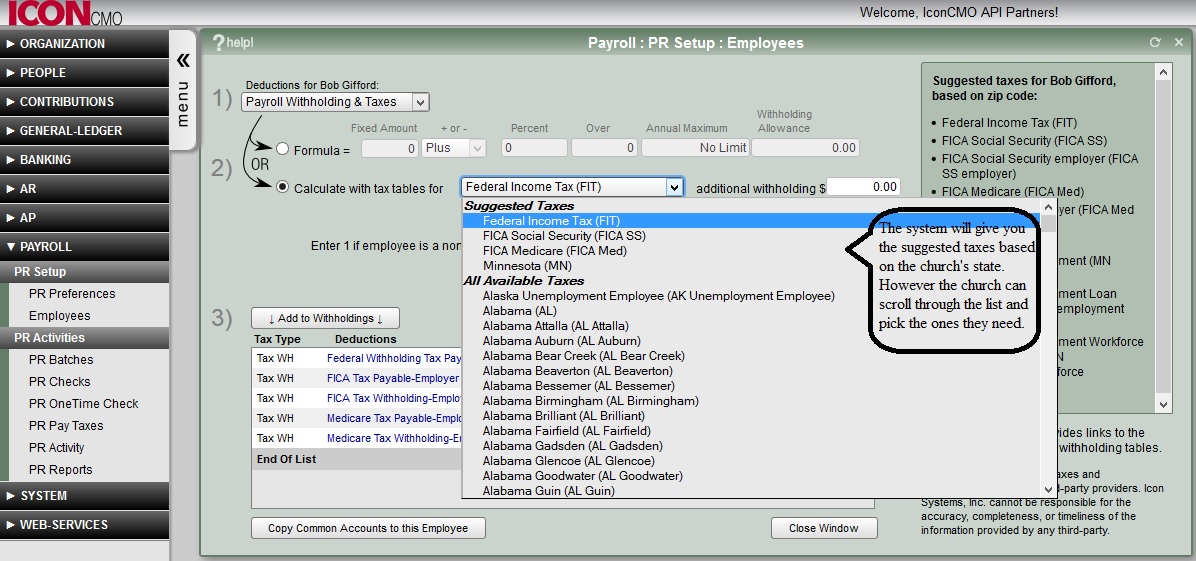Church payroll tax table interface screenshot for IconCMO software for churches.