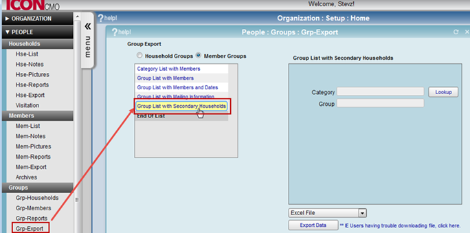 Figure one is a screen shot of the Group Export menu showing the new Group List With Secondary Households report