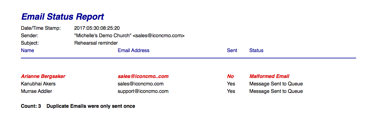 IconCMO church management software group email status report