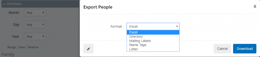breeze export Shows a screen capture of the Breeze church management system when printing the birthday report and the various formats like Excel, directory and labels.