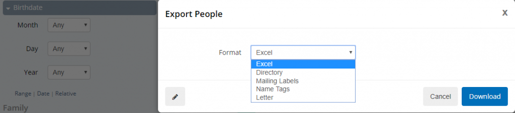 Shows a screen capture of the Breeze church management system when printing the birthday report and the various formats like Excel, directory and labels.