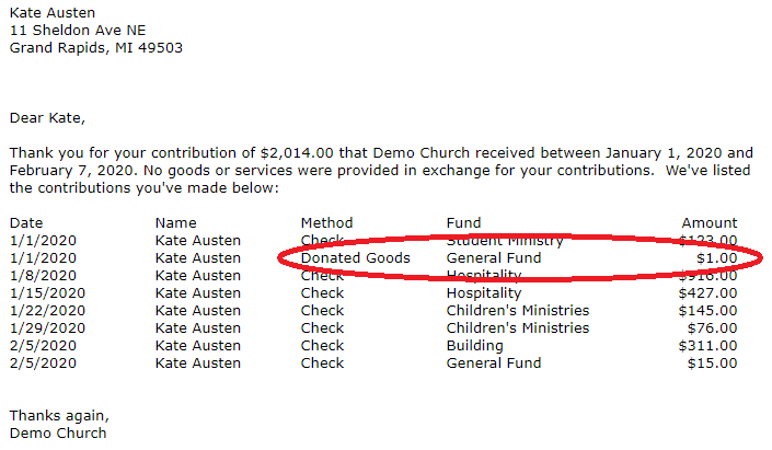 breeze church software non cash donation Breeze church management software contribution statement output showing a dollar amount and no description for their non cash donations. The red oval shows the offending entry.