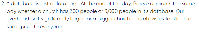 Screen capture of breeze's website showing how they justify their pricing model for small vs larger organizations