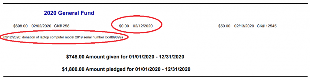 iconcmo non cash donation IconCMO church management software contribution statement. This example follows the IRS publication 1771.