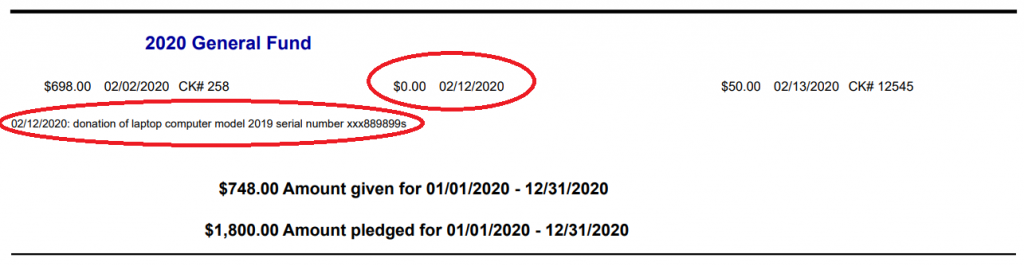 IconCMO church management software contribution statement. This example follows the IRS publication 1771. 