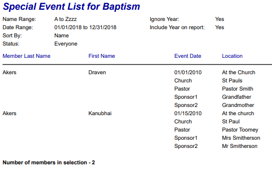 church software report IconCMO pdf style report for baptism dates nicely formatted.