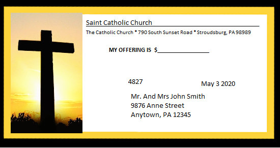 Church budget envelope example with unique number, donor name and address, and the name of the church and its address. It also has a picture of the religious cross.
