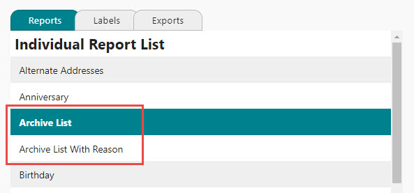 IconCMO church management software partial list of individual reports highlighting archive reports IconCMO church management software partial list of individual reports highlighting where to find archive reports