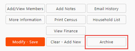 IconCMO church management software household record button set highlight the archive button IconCMO church management software household record button set highlighting the archive button location