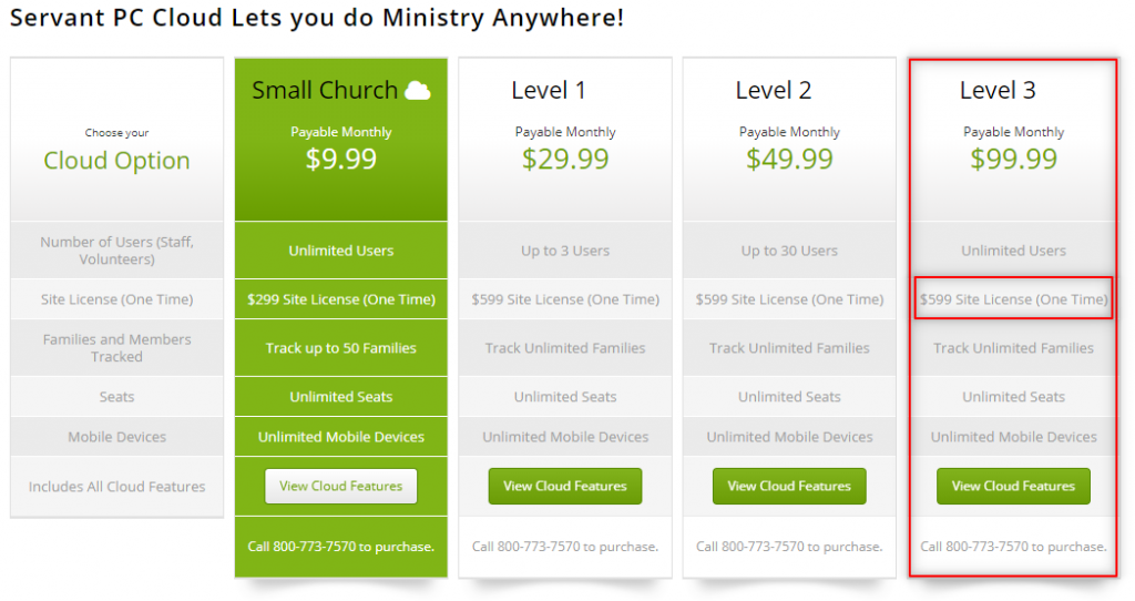 servant PC pricing levels Servant Keeper Office Online pricing schedule showing how much an unlimited package would sell for.