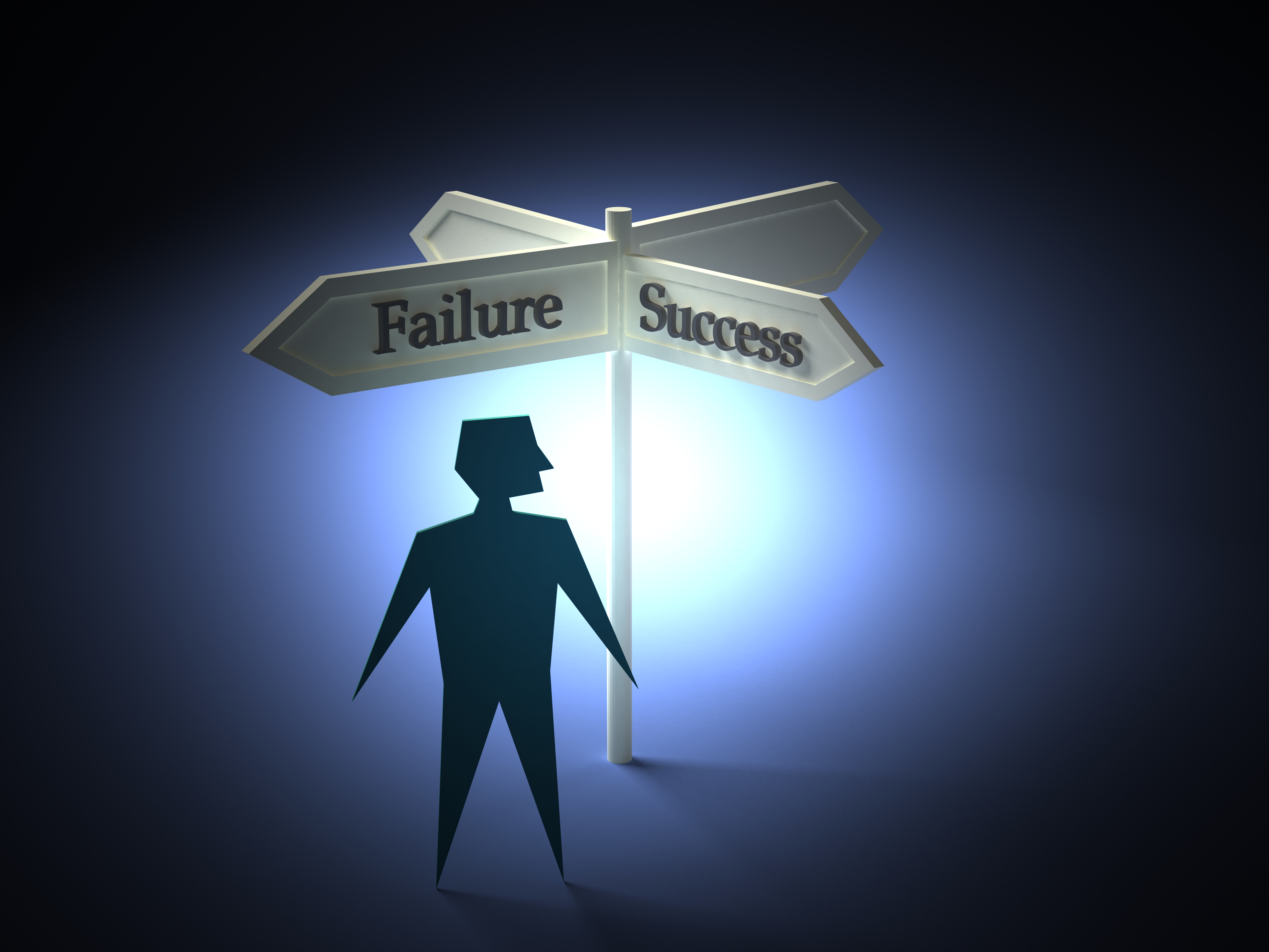 Stick figure standing by a sign that says Failure and Success pointing in two different directions, symbolizing the need for church leadership to make quick and fast decisions by defining the problem first and moving to a solution.
