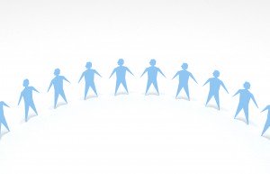 Forming stronger bonds in the community. Picture of several blue figures representing people in a horizontal line.