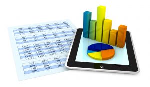 one paper with a spreadsheet and a tablet that shows the graphs, concept of tecnology supporting the financial analisys (3d render)