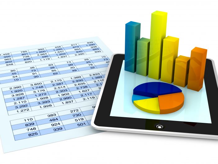 one paper with a spreadsheet and a tablet that shows the graphs, concept of tecnology supporting the financial analisys (3d render)