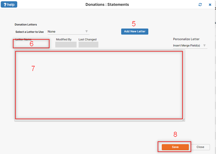 Shows the add letter screen on the software with the various options that the church can use for sending out contribution statements.
