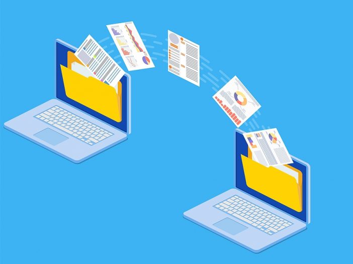 isometric File transfer. Two laptops with folders on screen and transferred documents. Copy files, data exchange, backup, PC migration, file sharing concepts. vector illustration in flat design