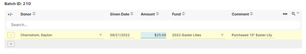 This images shows the fields that the user must use to add in donations for donors and the funds.