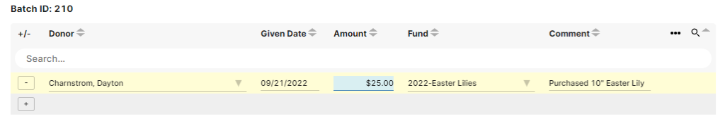 This images shows the fields that the user must use to add in donations for donors and the funds. 