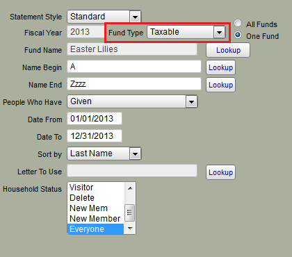 Screen grab shows how to run statements for these types of donations. 