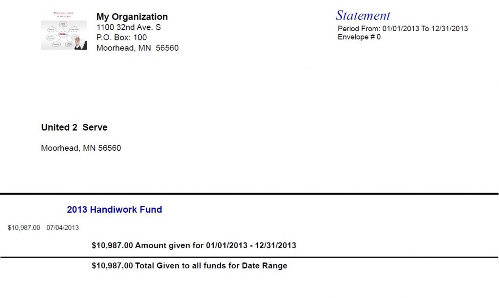 Sample Contribution Statment from IconCMO that shows the donor's address, amount given, and church address.