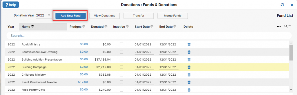 shows the adding of a donor fund into the system via a screen shot and preparing the system to do the link between contribution funds and accounting funds
