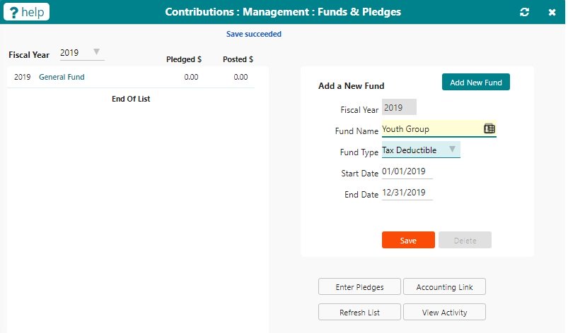 shows the adding of a donor fund into the system via a screen shot and preparing the system to do the link between contribution funds and accounting funds