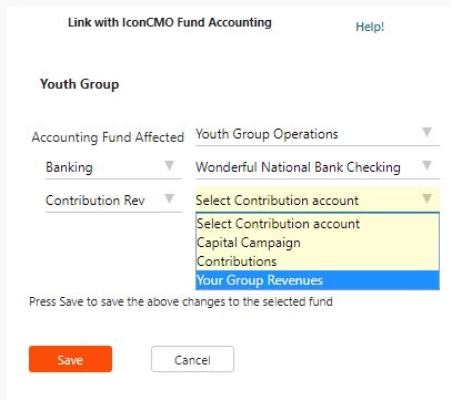 screen showing how to set up the youth group contribution fund and tie it to the accounting fund for it.