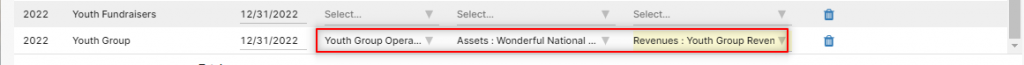 screen showing how to set up the youth group contribution fund and tie it to the accounting fund for it.