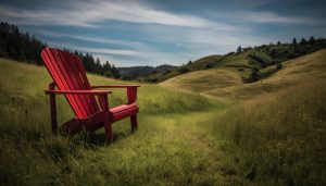 Red Adirondack chair in a grassy field of hills with blue sky- peaceful scene