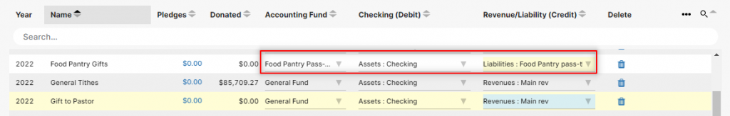 image showing the fund setup selections